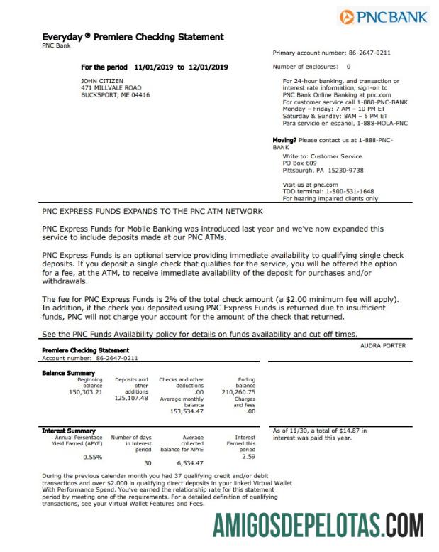 Modelo de comprovante de endereço bancário PNC dos EUA em branco em formato Word e PDF
